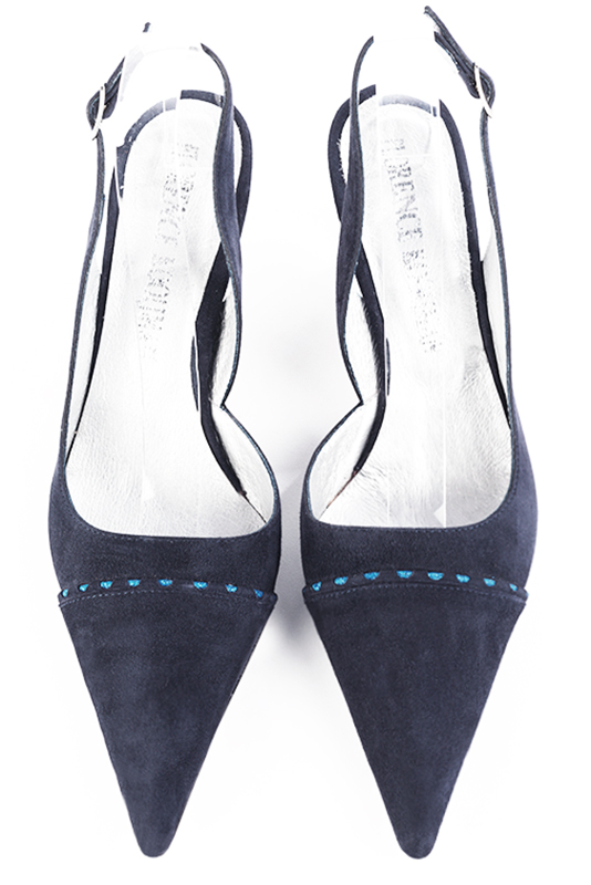 Navy blue women's slingback shoes. Pointed toe. Medium spool heels. Top view - Florence KOOIJMAN
